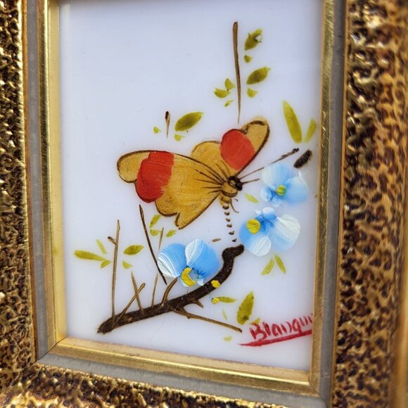 Verilyn Gallery Spain Signed Art Hand Painted Butterfly Flowers Gold Frame 3x4 - Picture 10 of 13